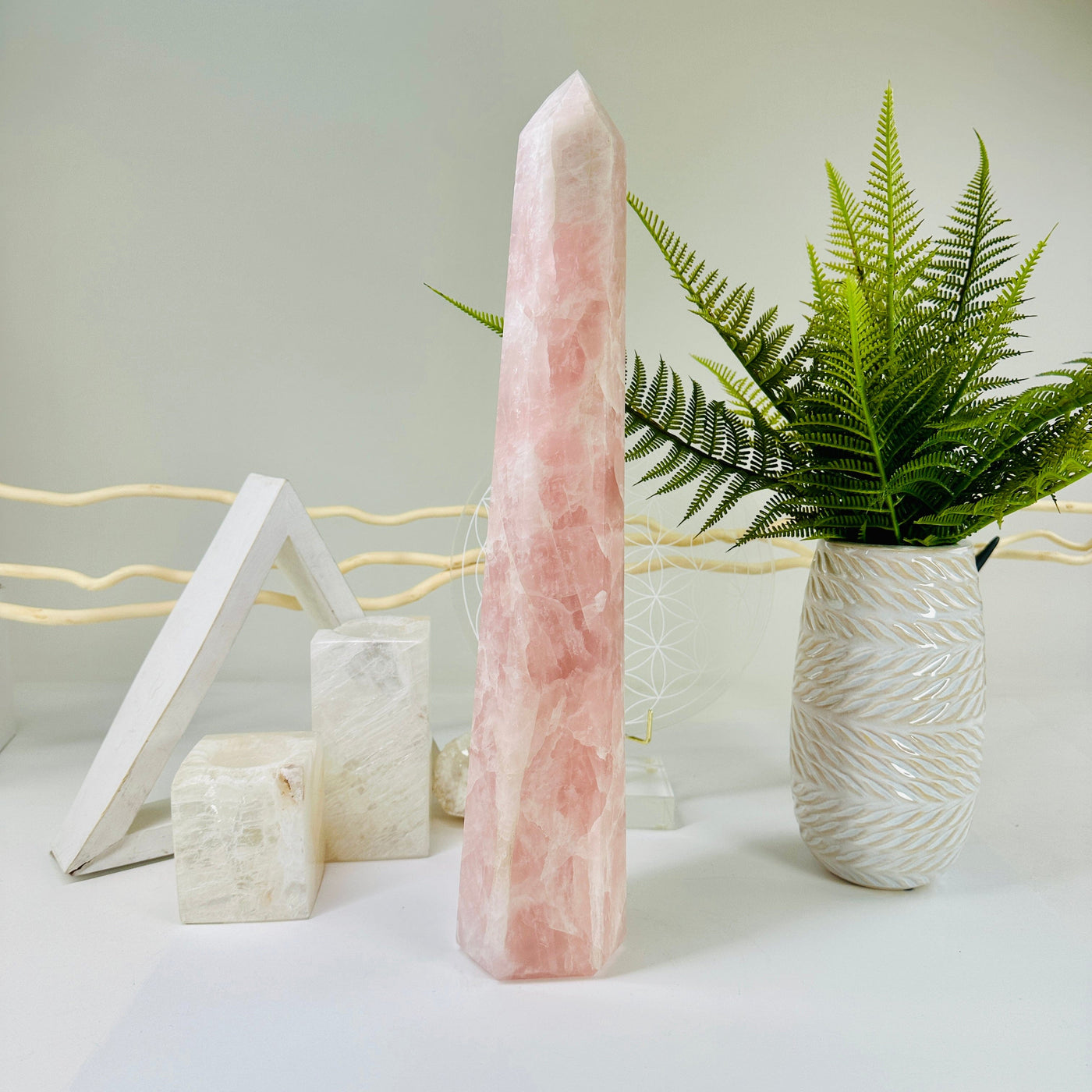 Rose Quartz Polished Crystal Tower - OOAK front view