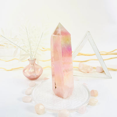 Angel Aura Rose Quartz Obelisk with Natural Inclusions side view