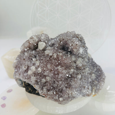Raw Amethyst Cluster with Mica - light purple amethyst with mica and calcite close up for detail