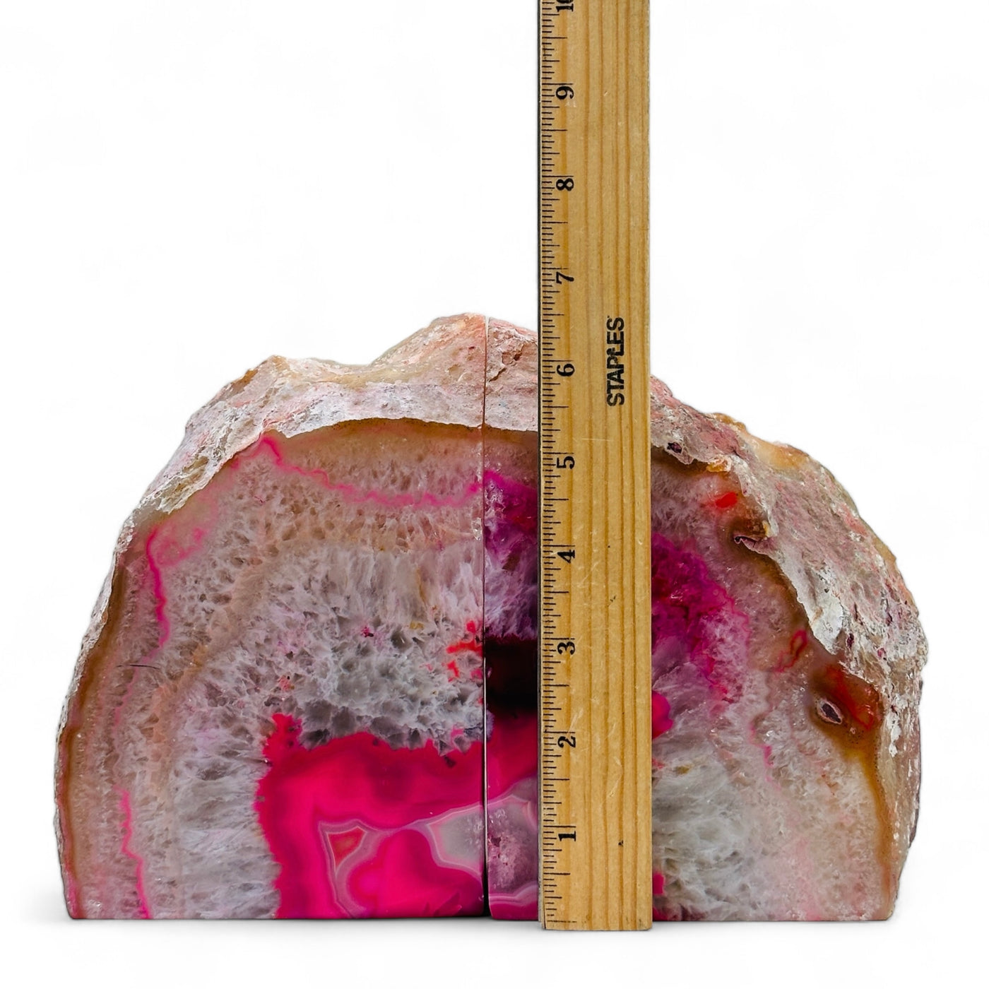 Large Pink Dyed Agate Bookend with a ruler for size reference.