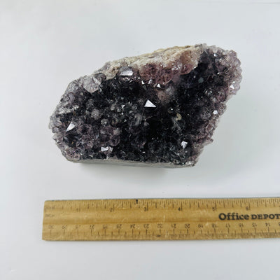Amethyst Crystal Cluster - raw amethyst top view with ruler for size reference