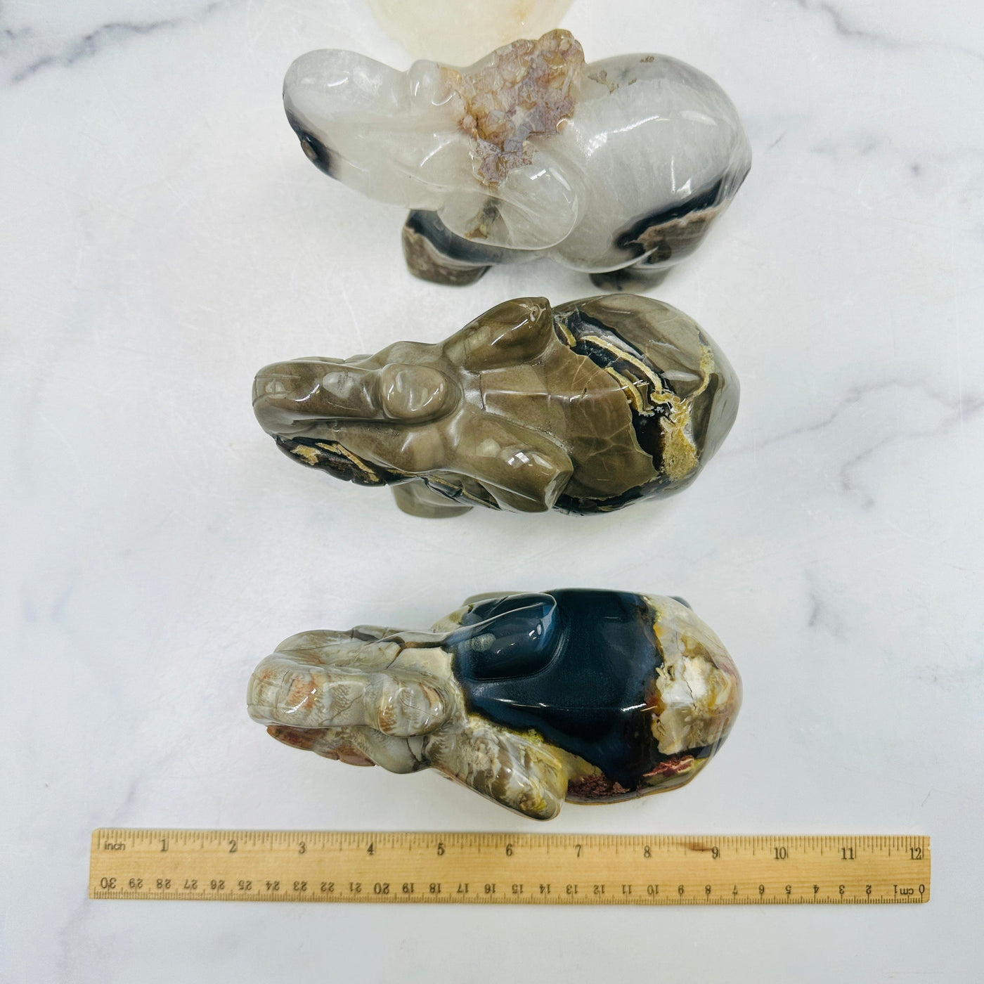 Lava Agate Crystal Carved Elephants - YOU CHOOSE all elephants top view with ruler measuring length for size reference