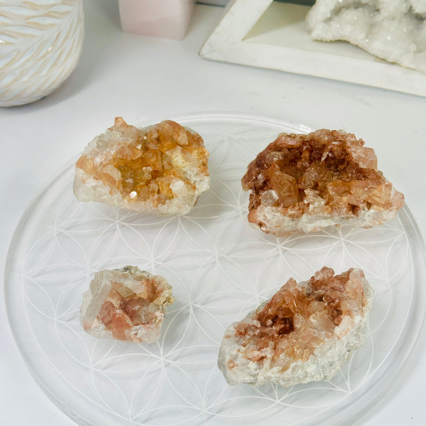 Tangerine Quartz Cluster - Crystal Cluster - YOU CHOOSE all variants on flower of life dish