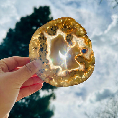 Agate Slice Set - Set of Eight Agate Crystals agate 3 in hand in front of the sun backlit