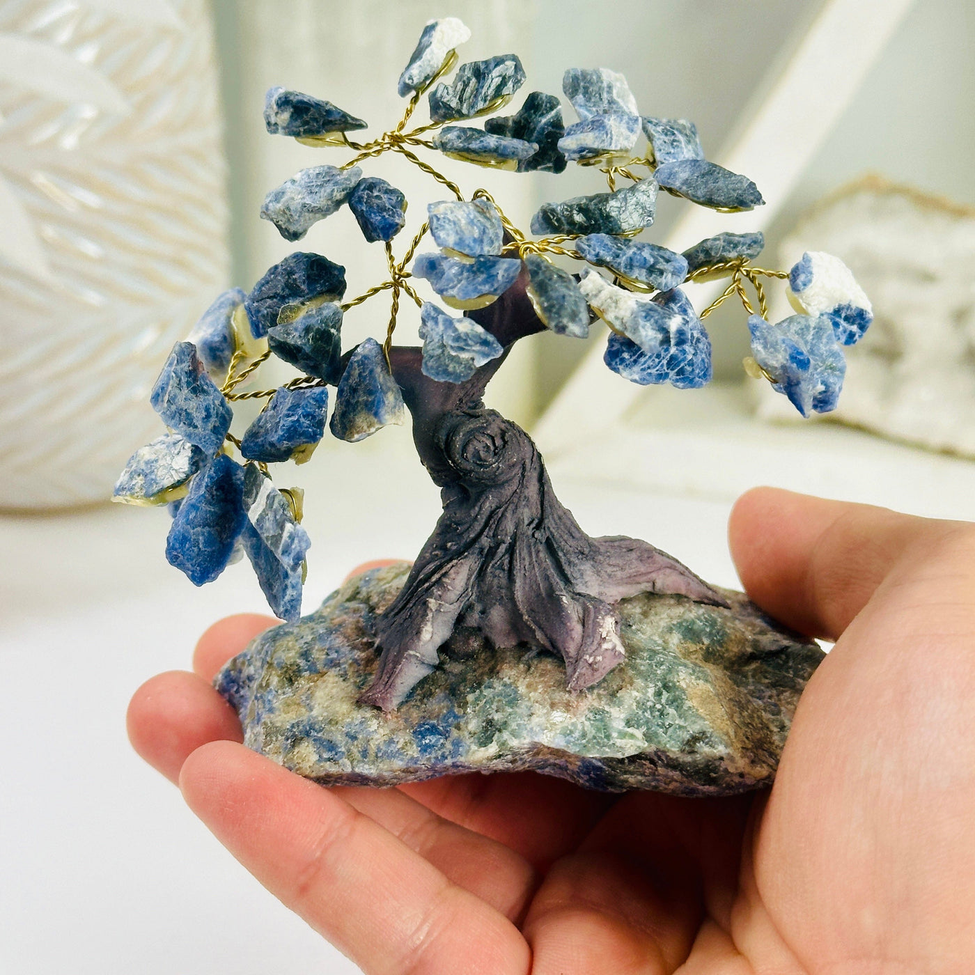  Sodalite Stone Tree - Tumbled Stone Tree on Rough Sodalite Base front view in hand for size reference