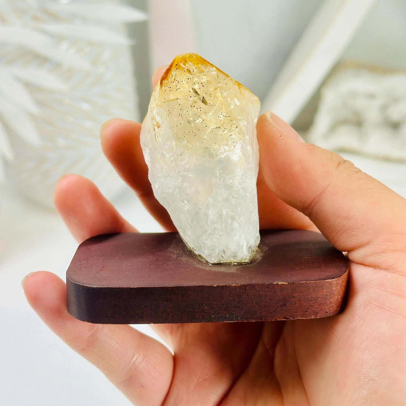 Citrine Point on Wooden Base in hand for size reference