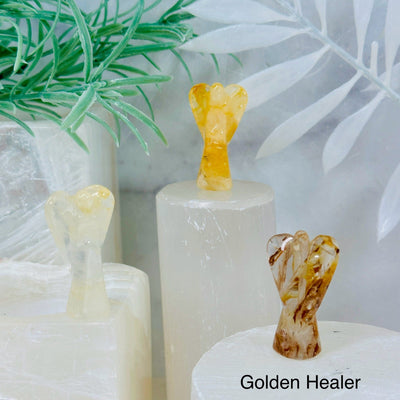 Gemstone Angels - Medium 3 golden healer angels on pedestals at different angles labeled