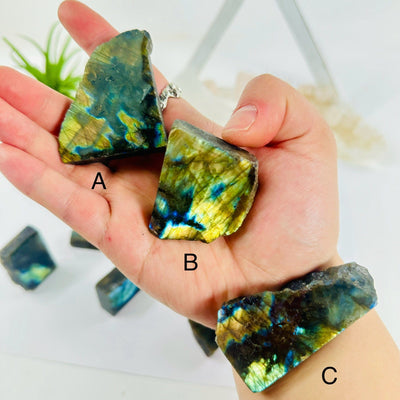 Labradorite Semi Polished Crystal Slab - YOU CHOOSE - variants A B C labeled on hand