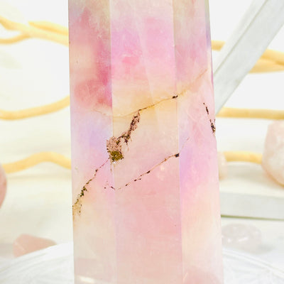 Angel Aura Rose Quartz Tower with Natural Inclusions close up to show detail of natural inclusions