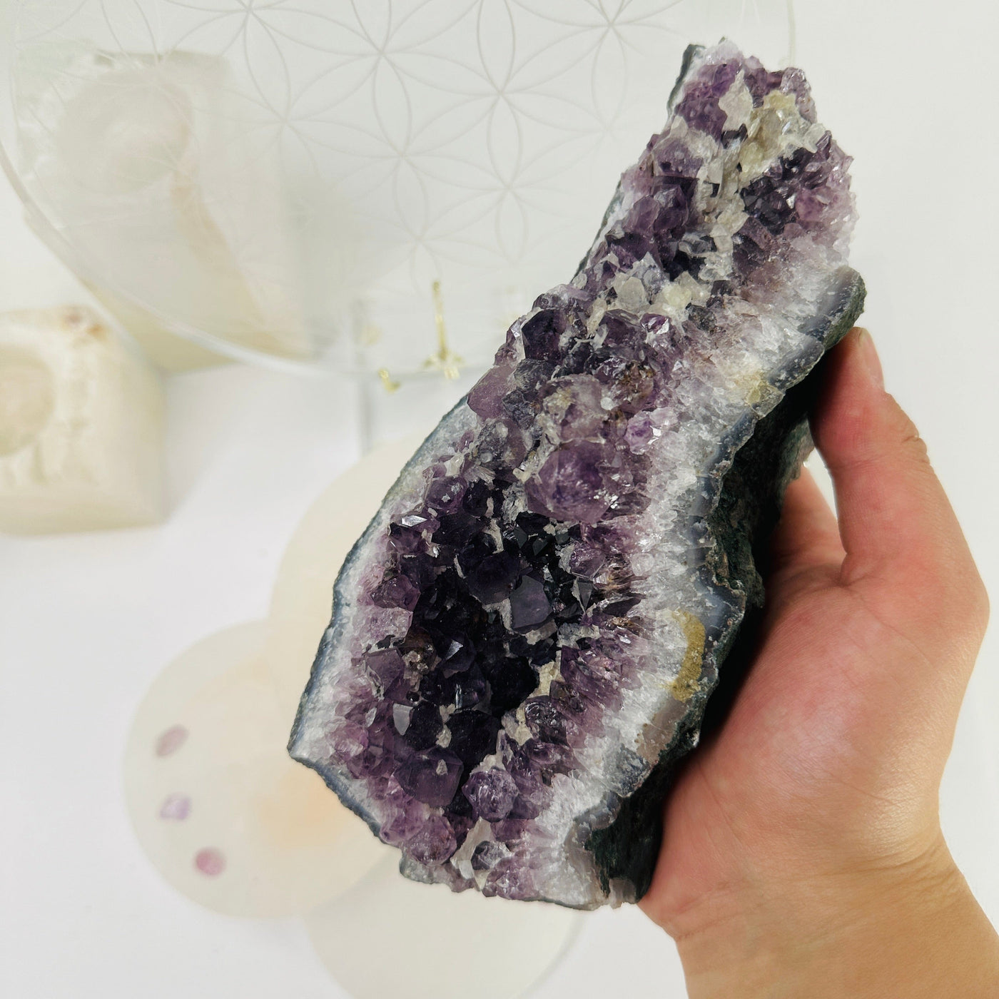 Raw Amethyst Cluster - long amethyst cluster in hand for size reference