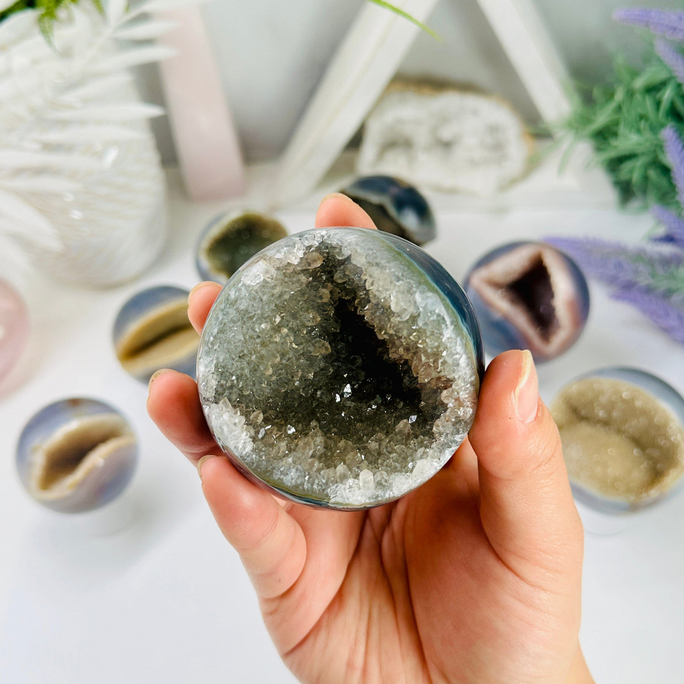 Natural Agate Druzy Sphere - You Choose variant 7 in hand for size reference