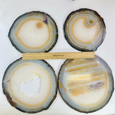 Agate Slice Set - Set of Four Agate Crystals all four agates next to ruler for size reference
