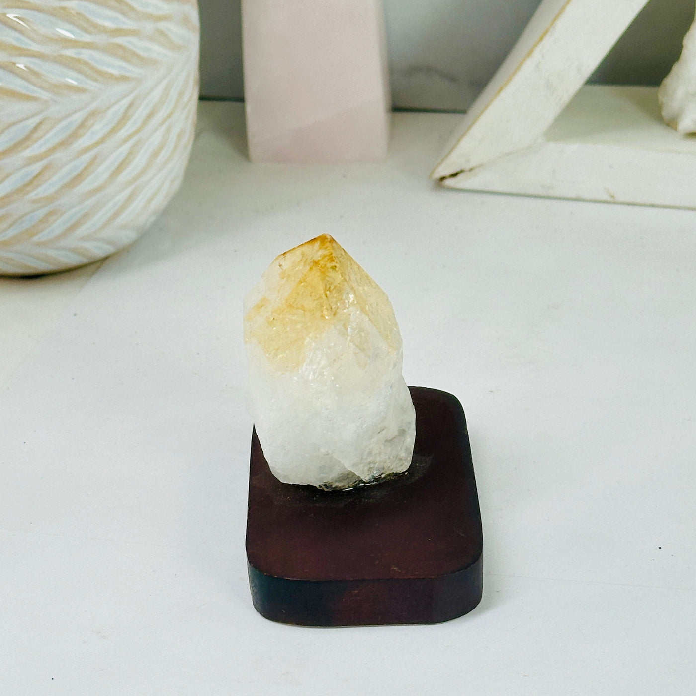 Citrine Point on Wooden Base side view