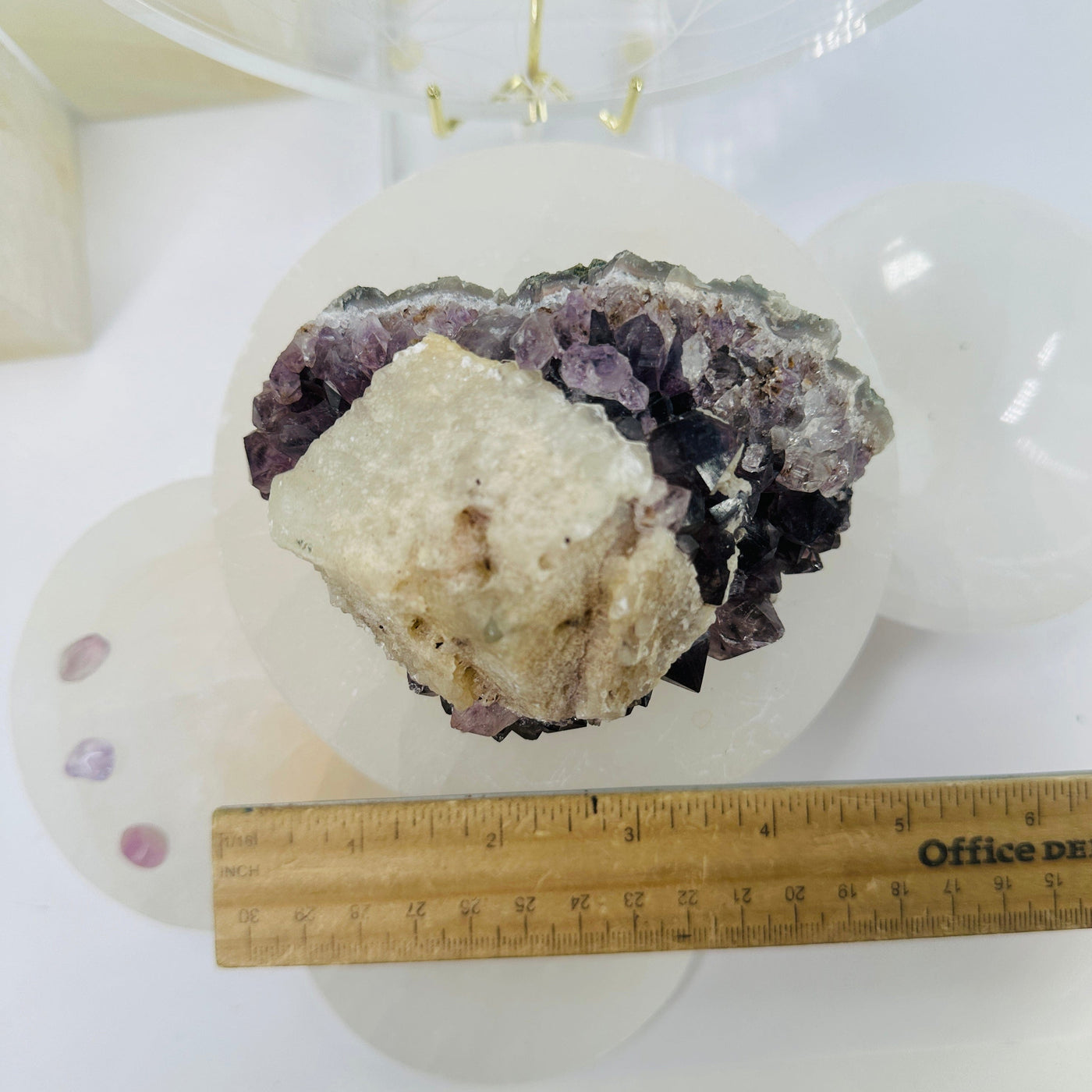  Raw Amethyst Cluster with Calcite - deep purple amethyst top view with ruler for size reference