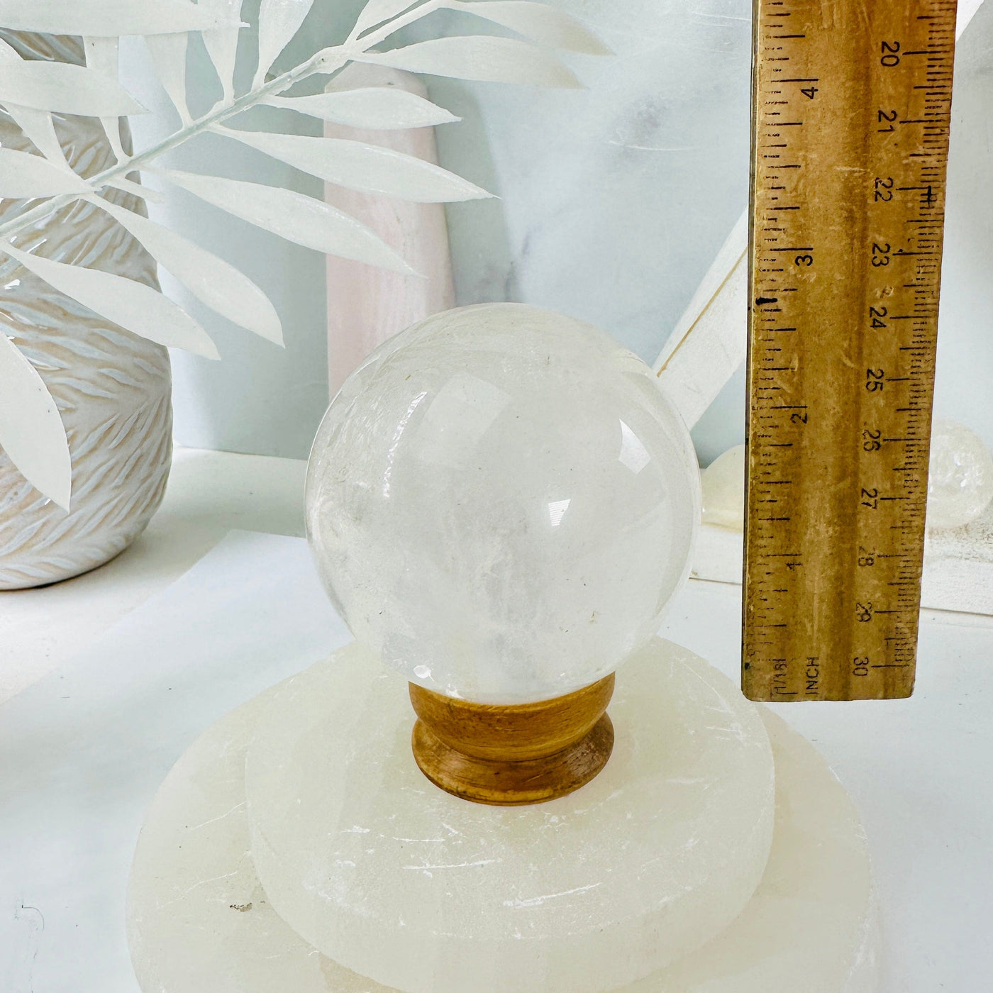 Crystal Quartz Sphere - OOAK - on stand next to ruler for size reference
