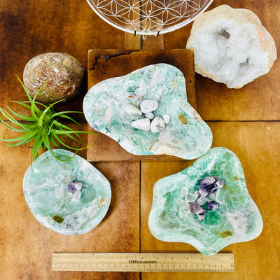 Fluorite Crystal Bowl from Mexico - You Choose - top view all three variants with ruler for size reference