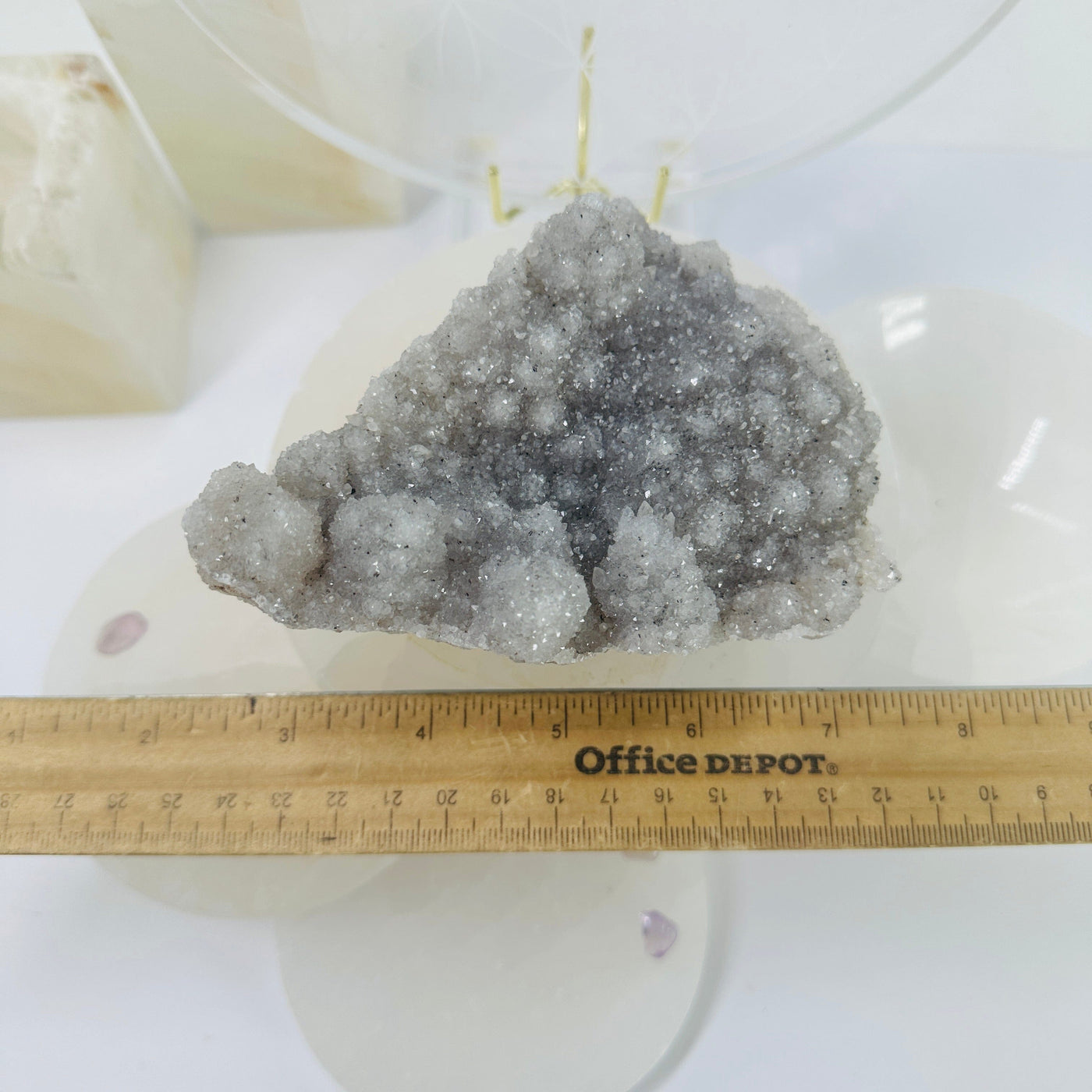 Raw Amethyst Cluster with Mica - light purple amethyst top view with ruler for size reference