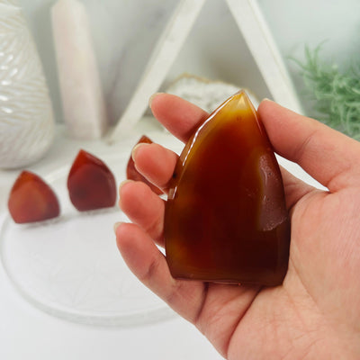 Carnelian Polished Cut Base - You Choose variant 4 in hand for size reference with other variants in background