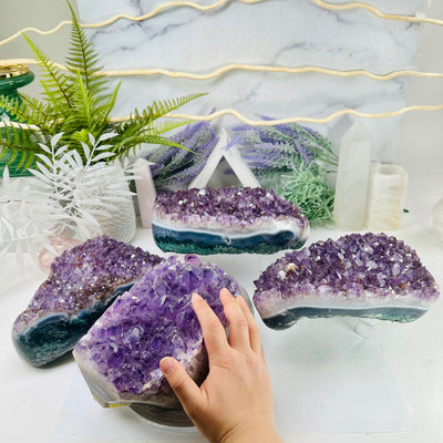 Amethyst Cluster Semi Polished Crystal - Collector's Piece - YOU CHOOSE all variants side view with hand for size reference