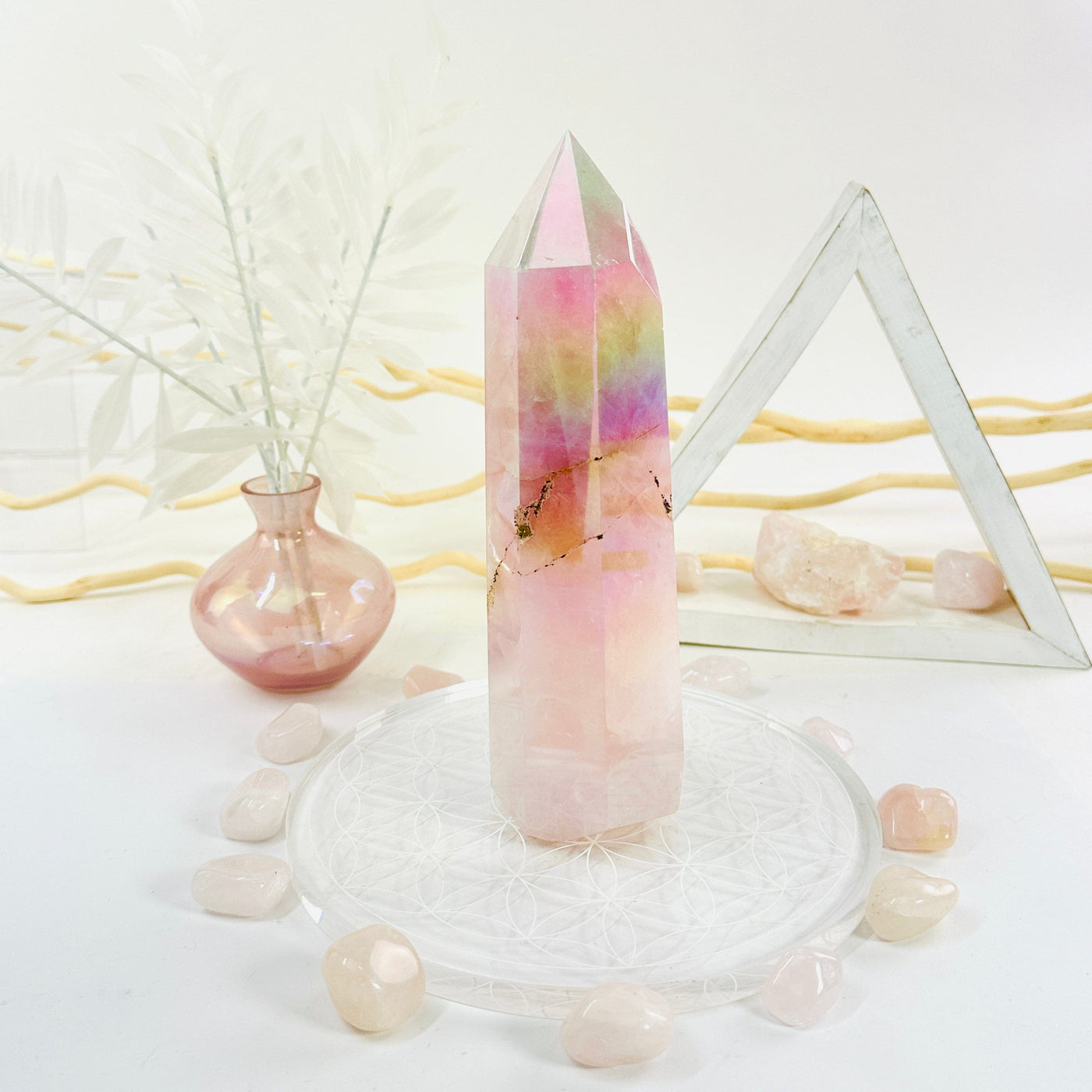 Angel Aura Rose Quartz Tower with Natural Inclusions front view