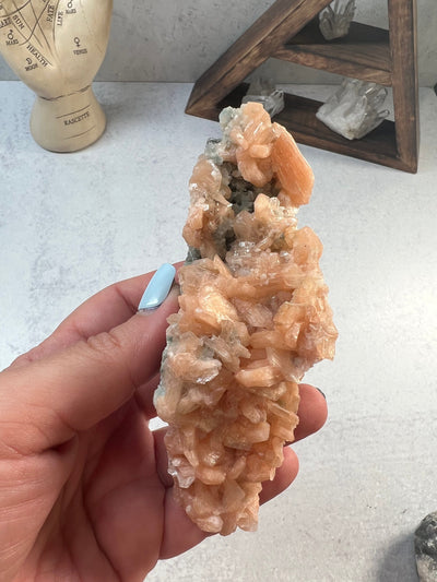 hand holding up peach apophyllite with decorations in the background
