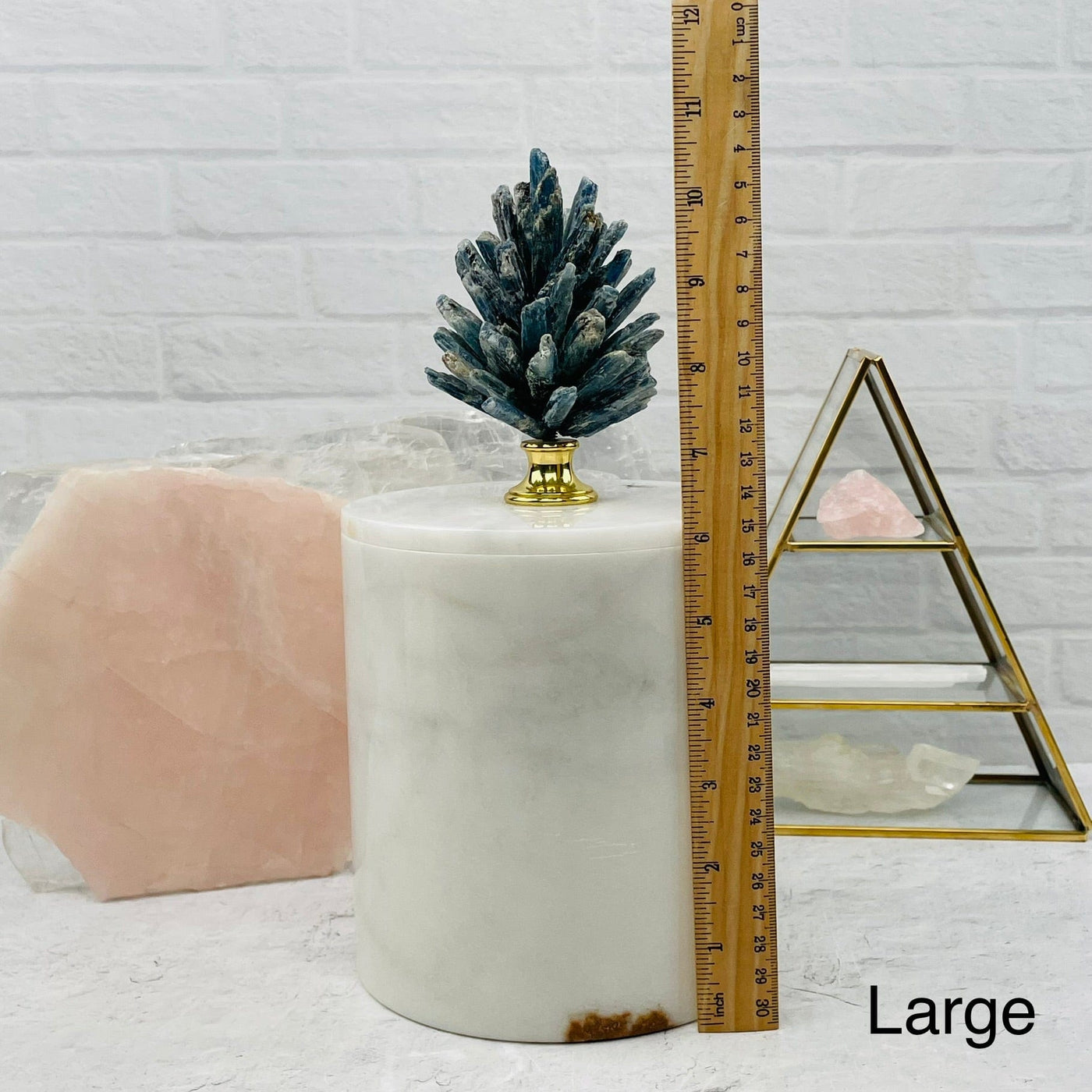 Blue Kyanite Pinecone on Round Marble Box in large 