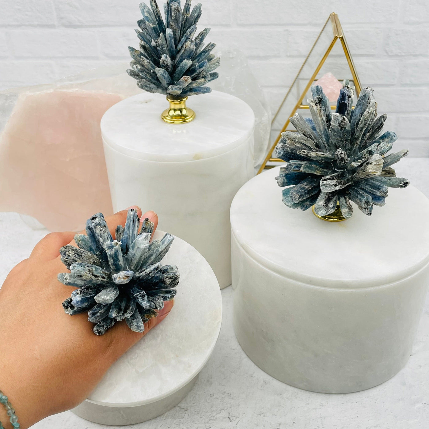 Blue Kyanite Pinecone on Round Marble Box - Small, Medium, and Large