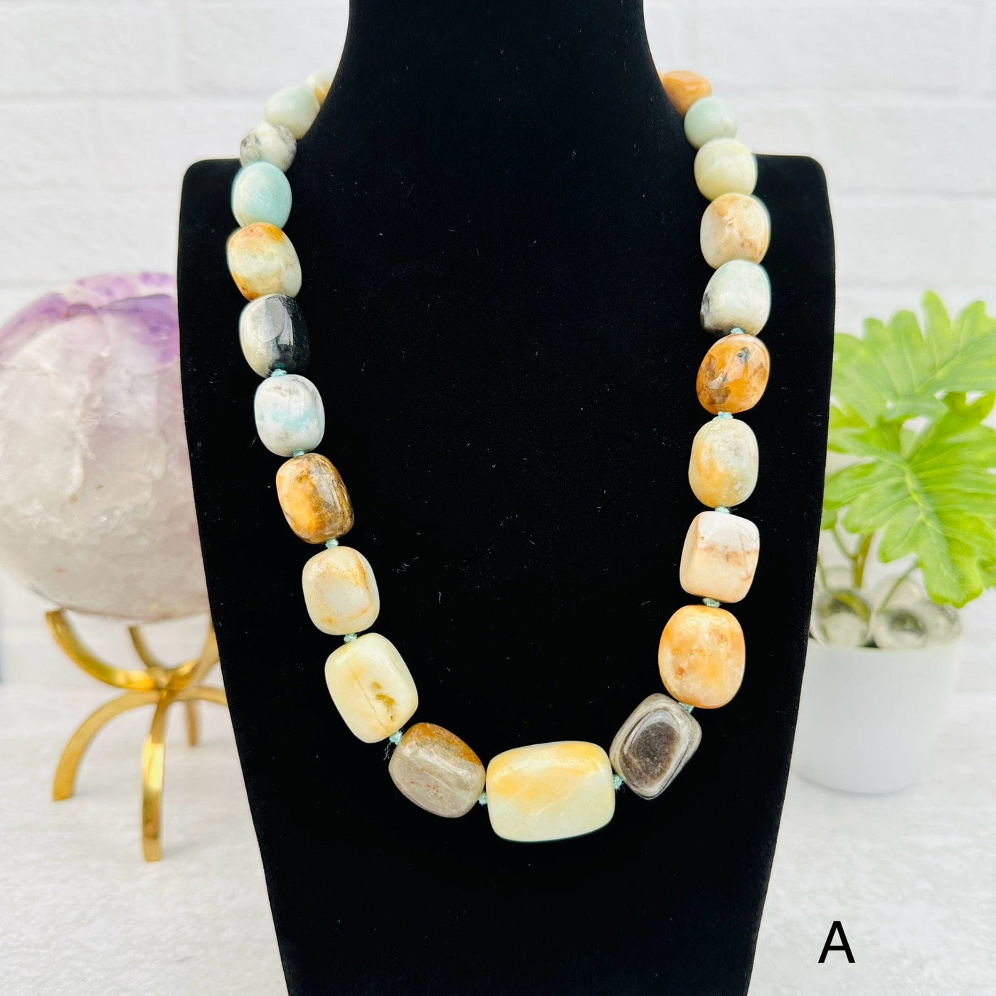 amazonite necklace displayed to show how it hangs 