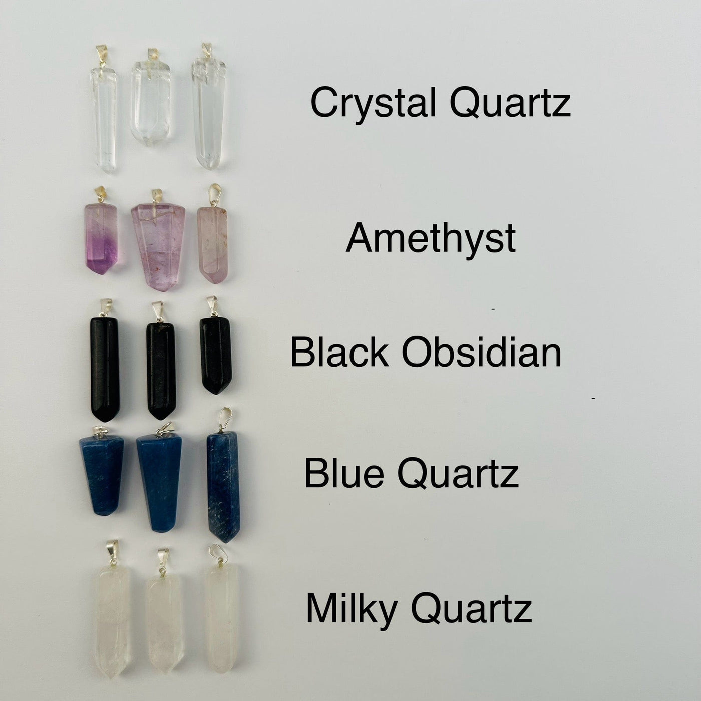 Gemstone Polished Point Pendants with Silver Toned Bail next to their crystal name 