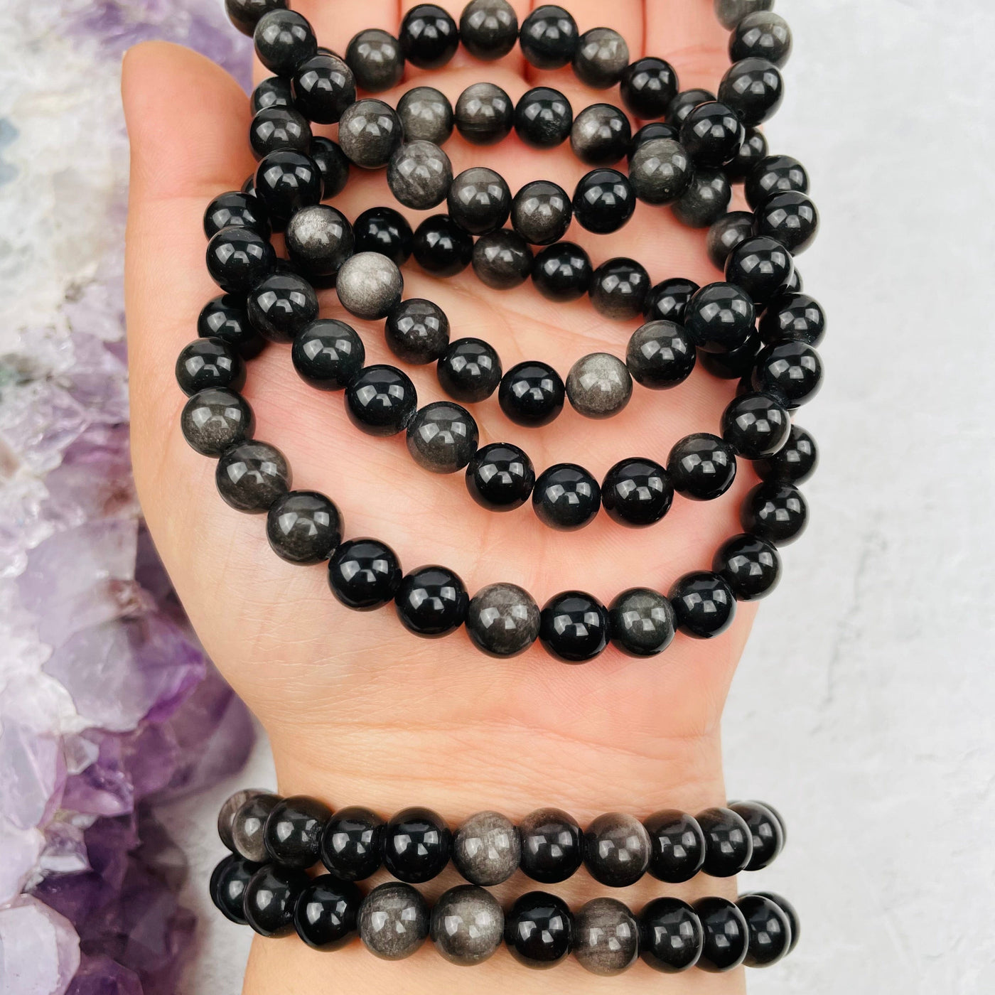 Silver Sheen Obsidian Round Bead Bracelets - High Quality -