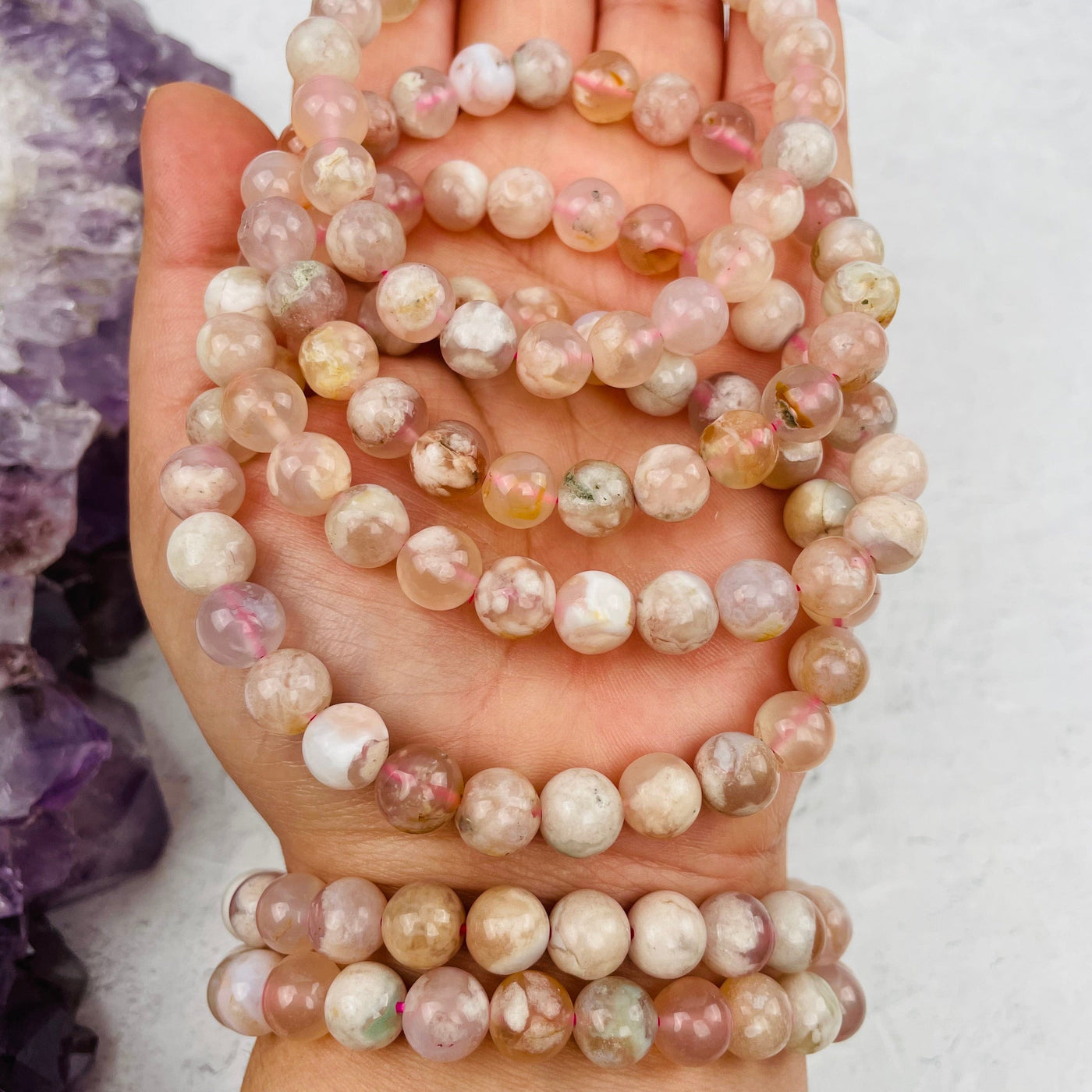 Flower Agate Round Bead Bracelets - High Quality -