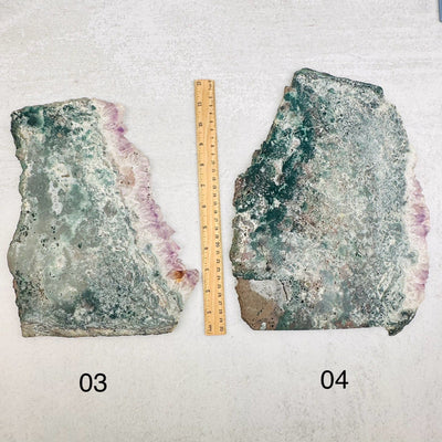 Amethyst Crystal Slabs - YOU CHOOSE - option 03 and 04 next to a ruler for size reference