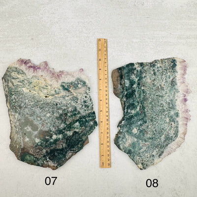 Amethyst Crystal Slabs - YOU CHOOSE - option 07 and 08 next to a ruler for size reference
