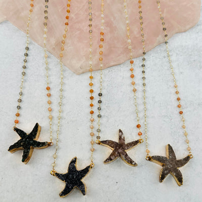 multiple necklaces displayed to show the differences in the color shades