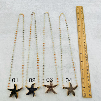 Amethyst Starfish on Multi-Moonstone Necklace - 24k Gold Electroplated - You Choose - next to a ruler for size reference 