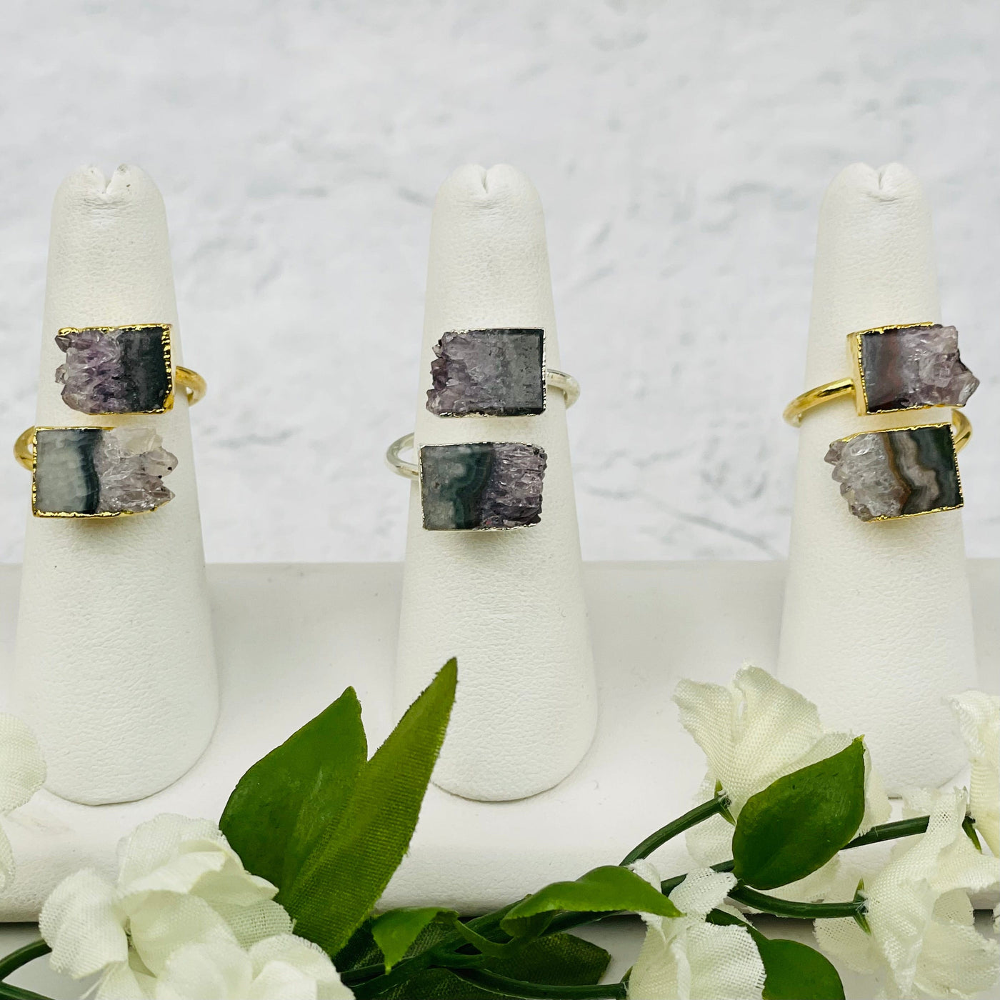 Amethyst Double Slice Adjustable Ring Electroplated Gold and Silver
