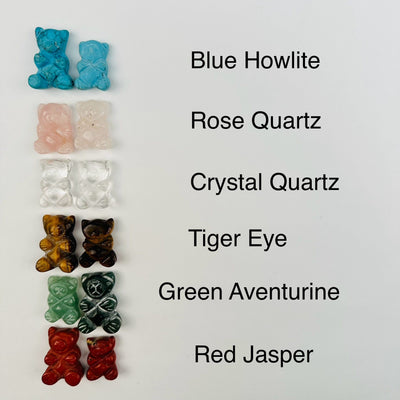 Gemstone Crystal Bear Cabochons next to their crystal name