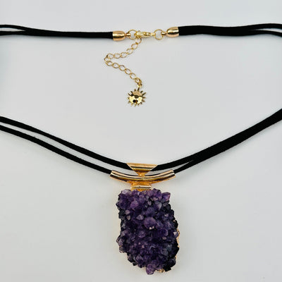 Amethyst Crystal Cluster Necklace with Charm - 24k Gold Electroplated - with sun charm 