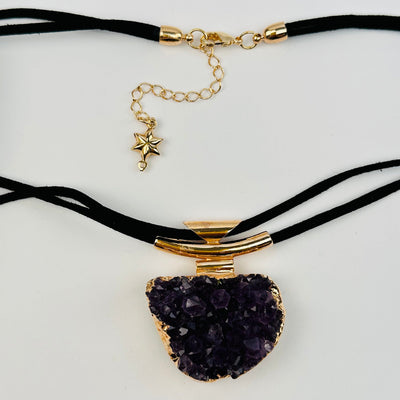 Amethyst Crystal Cluster Necklace with Charm - 24k Gold Electroplated - with star charm 