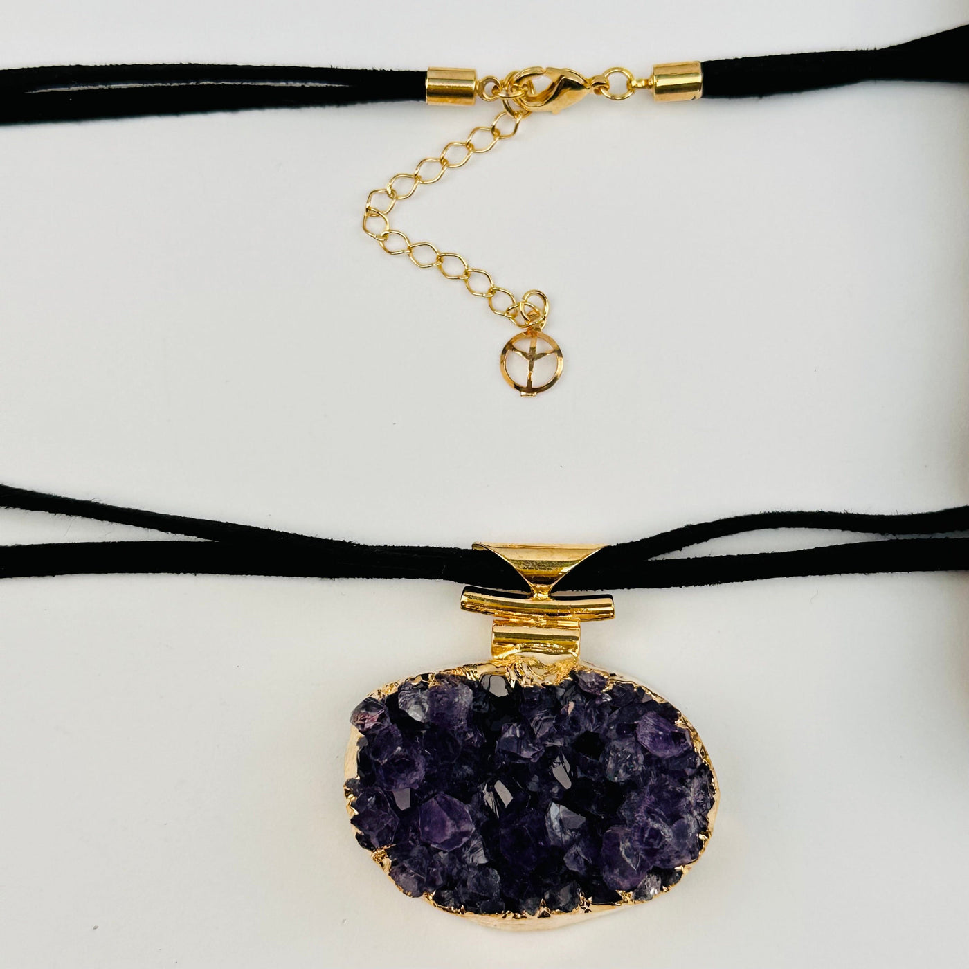 Amethyst Crystal Cluster Necklace with Charm - 24k Gold Electroplated - with peace sign 