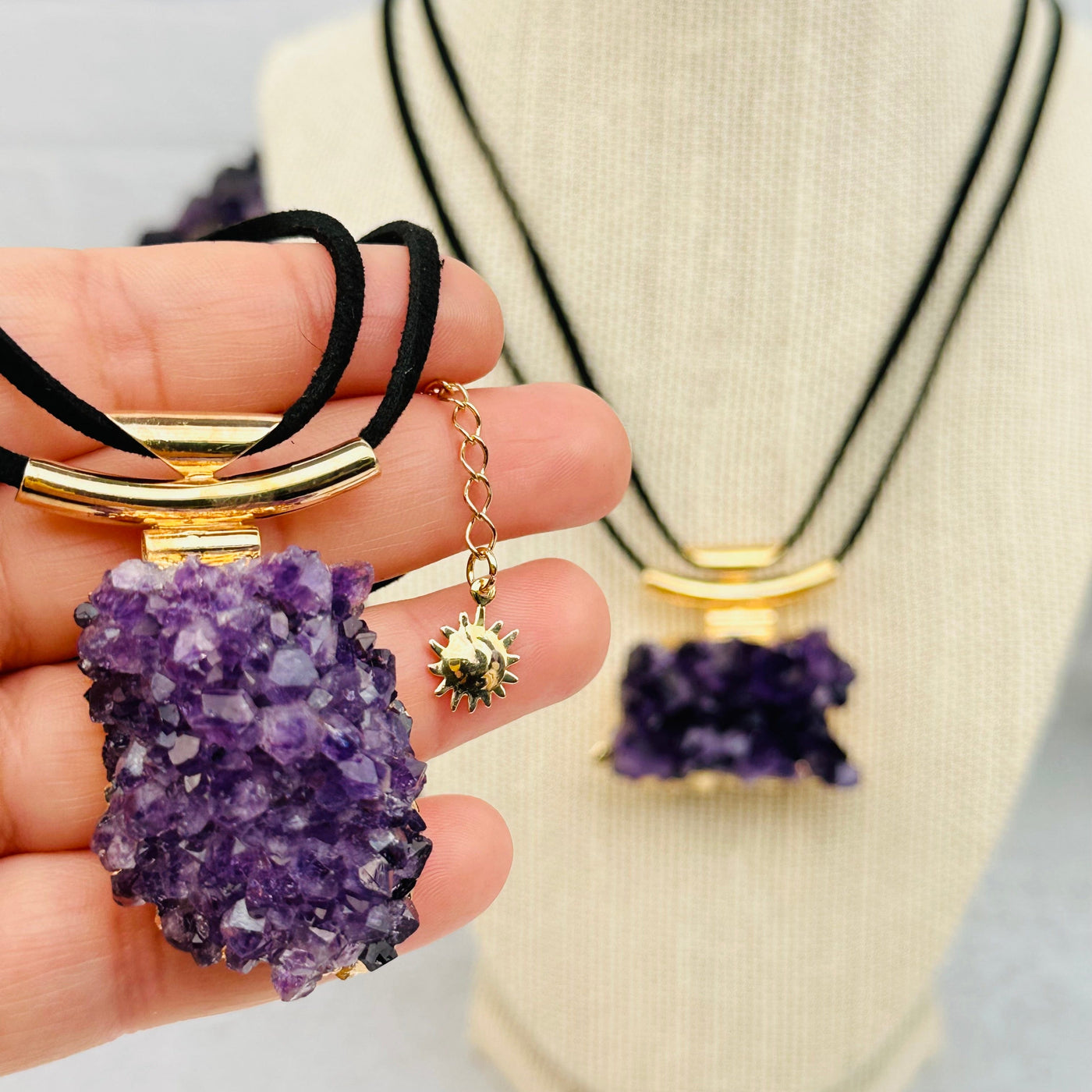 Amethyst Crystal Cluster Necklace with Charm - 24k Gold Electroplated - in hand for size reference 