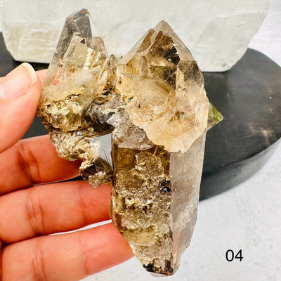 Natural Smoky Quartz Cluster with Rutilated inclusions. Option 04 in hand for size reference