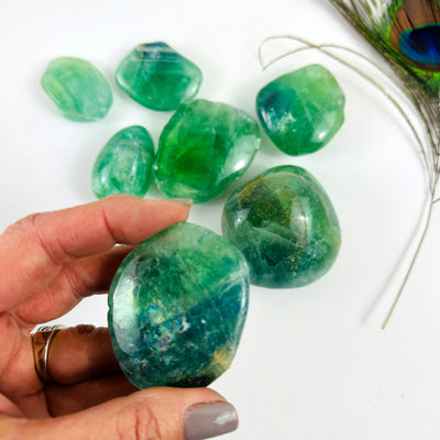 Seven Fluorite Crystal Polished Stones with 1 in a hand