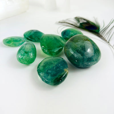 Seven Fluorite Crystal Polished Stones from a side view