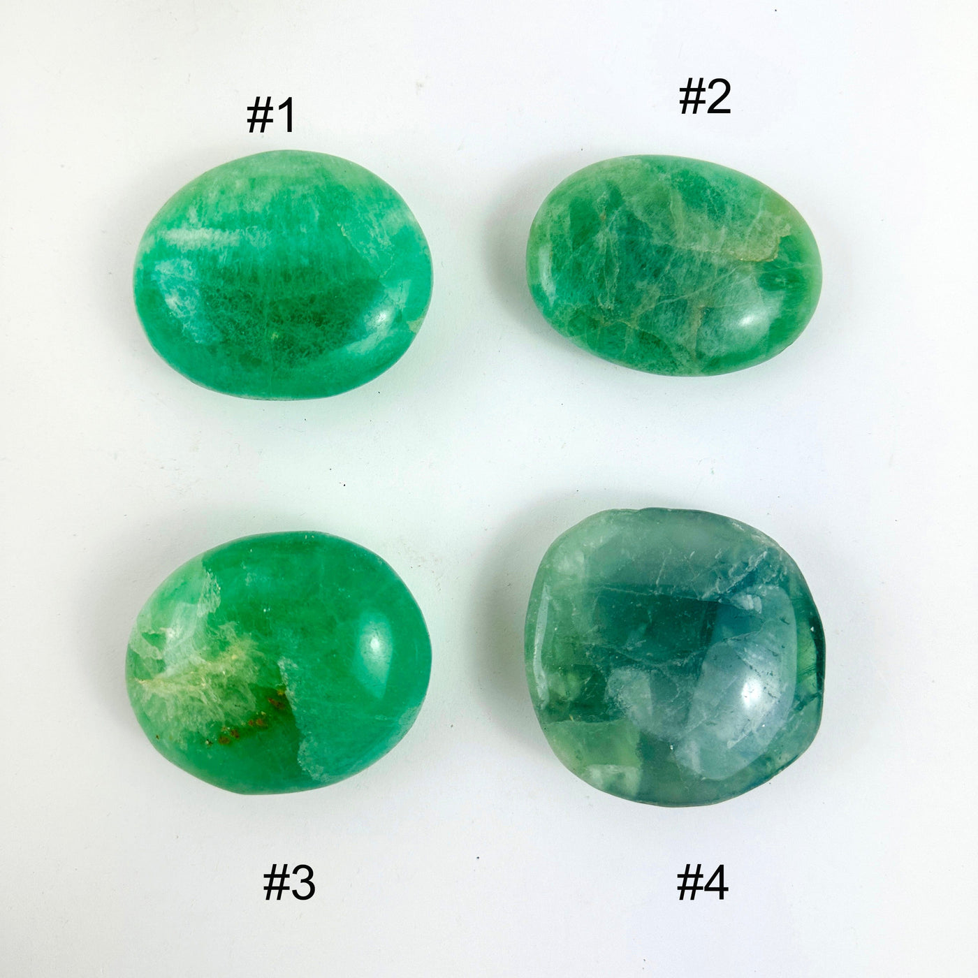 Fluorite Crystal Palm Stones , numbered for you to choose which you prefer