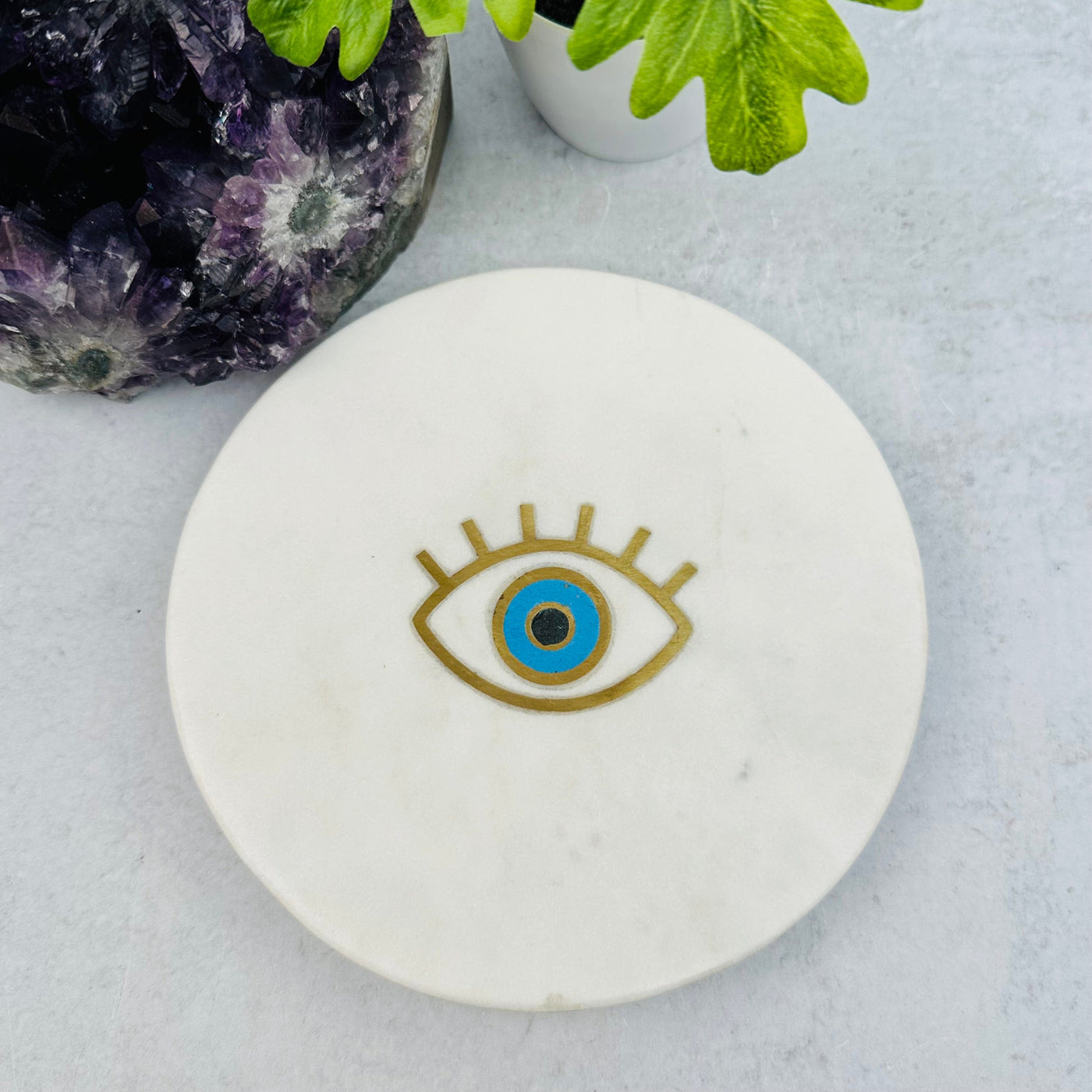 Evil Eye Marble Plate - Crystal Holder - displayed as home decor