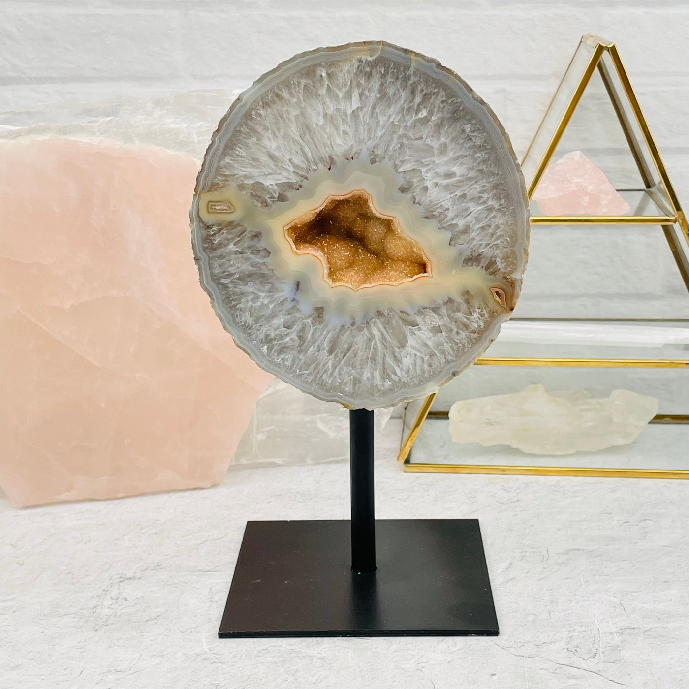 natural geode on stand displayed as home decor 