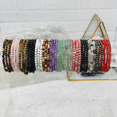 bracelets displayed to show the differences in the gemstones 