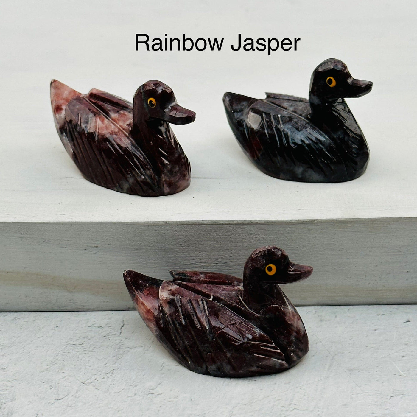 Carved Crystal Duck available in rainbow jasper