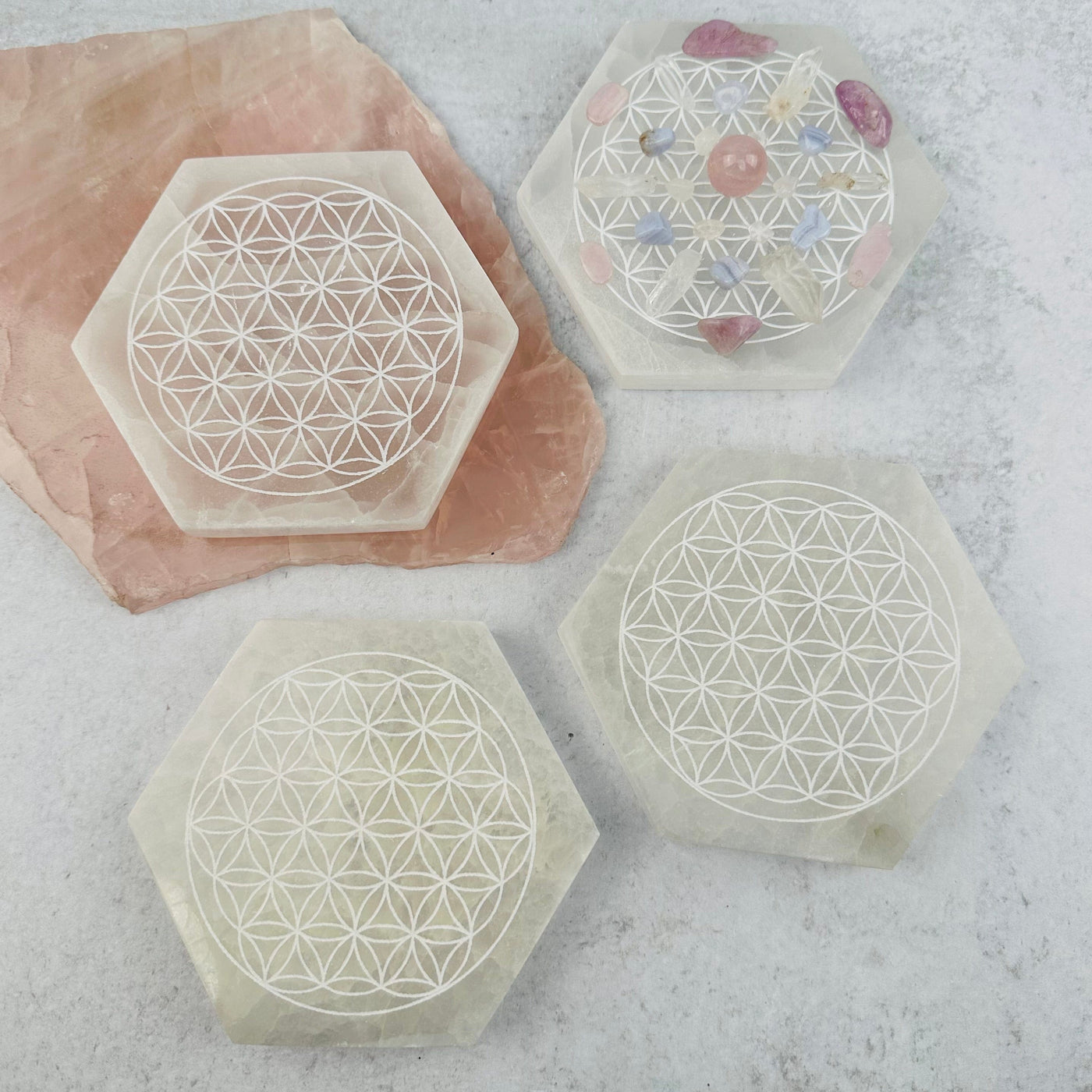 Selenite Hexagon Engraved with Flower of Life - Charging Plate - 12cm